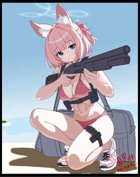 1girl absurdres aiming alternate_costume animal_ear_fluff animal_ears beach benelli_m3 bikini black_bag blue_archive blue_eyes blue_halo blue_sky blunt_bangs breasts cleavage closed_mouth commentary cross-laced_shoes day english_commentary fox_ears fox_girl full_body gun hair_intakes hair_ribbon half_updo halo hands_up highres holding holding_gun holding_weapon looking_at_viewer medium_breasts medium_hair melissa_v2 navel niko_(blue_archive) on_one_knee outdoors pink_bikini pink_hair pink_shoes ponytail red_ribbon ribbon shoes short_ponytail shotgun sky sneakers solo stomach swimsuit thigh_strap thighs tiptoes unfinished weapon