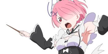 1girl absurdres apron black_dress commentary dress hair_over_one_eye highres looking_at_viewer maid maid_apron pink_hair quelcom ram_(re:zero) re:zero_kara_hajimeru_isekai_seikatsu red_eyes roswaal_mansion_maid_uniform short_hair white_apron