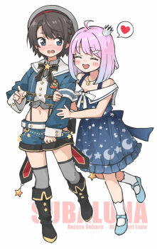 2girls :d arm_hug armband back_bow black_boots black_bow black_bowtie blue_dress blue_eyes blue_jacket blue_shoes blue_shorts blush blush_stickers bob_cut boots bow bowtie braid brooch brown_hair buttons candy_hair_ornament character_name closed_eyes clothing_cutout commentary crescent crescent_necklace crescent_print cropped_jacket crown dress eye_contact fold-over_boots food-themed_hair_ornament four-finger_heart_hands frilled_dress frills full_body green_eyes grey_hat grey_shirt grey_thighhighs hair_ornament hairclip hat heart heart_hands height_difference heterochromia high_collar highres himemori_luna himemori_luna_(sundress) hip_vent hololive jacket jewelry large_bow long_sleeves looking_at_another mary_janes medium_hair midriff mini_crown multiple_girls navel necklace off-shoulder_dress off_shoulder official_alternate_hairstyle oozora_subaru oozora_subaru_(suspenders) open_mouth pink_hair pinstripe_pattern pinstripe_shirt print_dress purple_eyes purple_hair sailor_collar sailor_dress sailor_hat shirt shoes short_dress short_hair shorts side_braid silver_crown simple_background sleeve_cuffs smile socks spoken_heart star_brooch starry_sky_print suspenders swept_bangs thighhighs tilted_headwear virtual_youtuber wavy_mouth white_background white_sailor_collar white_socks yeh