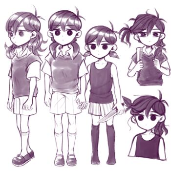 2girls antenna_hair bright_pupils closed_mouth collarbone collared_shirt double-parted_bangs dual_persona genderswap genderswap_(mtf) greyscale hair_between_eyes hair_brush highres holding holding_hair_brush holding_hands holding_knife kneehighs knife laser-lance low_twintails medium_hair monochrome multiple_girls omori omori_(omori) shirt shoes short_sleeves short_twintails shorts simple_background socks striped_clothes striped_shorts sunny_(omori) sweater_vest tank_top twintails vertical-striped_clothes vertical-striped_shorts