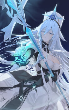 1girl absurdres azur_lane black_gloves blue_eyes breasts capelet coat coat_dress commentary_request dress fur-trimmed_coat fur_capelet fur_hat fur_trim gloves hat highres holding holding_scepter ice_crystal long_bangs long_hair military_hat mmk_(majinai_no_mori) papakha revision scepter solo sovetsky_soyuz_(azur_lane) very_long_hair white_hair white_hat