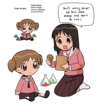 Rule 34 | 2girls, azumanga daioh's school uniform, azumanga daiou, bag, blush stickers, brown eyes, brown hair, brown skirt, closed mouth, commentary, english text, esibisi, food, full body, furrowed brow, holding, holding bag, holding food, kasuga ayumu, kneeling, long hair, long sleeves, looking at another, mihama chiyo, multiple girls, multiple views, no shoes, open mouth, paper bag, parody, pink shirt, pou (game), sailor collar, sata andagi, school uniform, serafuku, shirt, shoes, short hair, short twintails, simple background, sitting, skirt, socks, speech bubble, tareme, thermometer, twintails, white background, white sailor collar, white socks, winter uniform