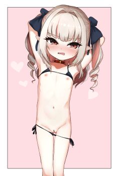 1girl armpits arms_up bar_censor bikini bikini_pull bikini_top_lift black_bikini censored clothes_lift clothes_pull collar drill_hair fang flat_chest grey_hair hair_ribbon heart highres huucha_(cpaf5377) loli long_hair makaino_ririmu micro_bikini multicolored_hair navel nijisanji nipples open_mouth pink_hair pointy_ears pussy red_collar red_eyes ribbon side-tie_bikini_bottom solo swimsuit two-tone_hair virtual_youtuber wavy_mouth
