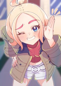 1girl absurdres blonde_hair blue_eyes blurry blurry_background brown_jacket commentary_request cropped_sweater eyelashes grin hand_on_own_hip highres jacket jaromaro_(avyj8778) leaning_forward long_sleeves midriff mismatched_eyebrows navel nintendo notice_lines one_eye_closed open_clothes open_jacket pokemon pokemon_legends:_z-a red_sweater short_hair shorts smile solo sweater taunie_(pokemon) teeth white_shorts