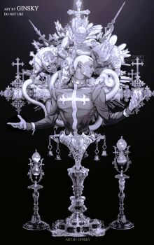 1boy 3others absurdres bell bone buzz_cut c-moon_(stand) candle candlestand cassock chalice commentary cross cup dark-skinned_male dark_skin english_commentary english_text enrico_pucci feathers ginsky2000 high_collar highres horse_head jewelry jojo_no_kimyou_na_bouken long_sleeves made_in_heaven_(stand) male_focus mask monochrome multiple_others polearm priest robe short_hair snake solo spoilers stand_(jojo) statue stone_ocean very_short_hair weapon weighing_scale whitesnake_(stand)