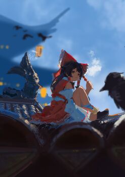 1girl absurdres bird black_bird black_shoes blue_sky blurry bow brown_hair closed_mouth cloud crow dango day detached_sleeves eating food frilled_bow frilled_hair_tubes frills full_body hair_bow hair_tubes hakurei_reimu highres holding holding_food knee_up koukouya long_hair looking_at_viewer on_roof outdoors red_bow red_shirt red_skirt ribbon-trimmed_sleeves ribbon_trim shirt shoes sitting skewer skirt skirt_set sky socks solo touhou wagashi white_socks
