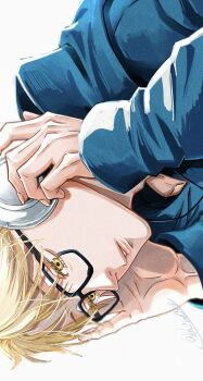 1boy black-framed_eyewear blonde_hair blue_hoodie commentary_request glasses haikyuu!! headphones highres hood hood_down hoodie male_focus rectangular_eyewear shiki_(shiki_no) short_hair sideways signature simple_background solo tsukishima_kei white_background