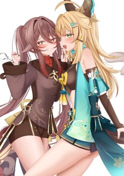 2girls animal_ears aqua_jacket aqua_skirt black_nails blonde_hair blush brown_hair brown_shirt brown_shorts cat_tail chinese_clothes commentary_request crop_top cuffs detached_sleeves flower-shaped_pupils genshin_impact green_eyes hair_between_eyes hair_ornament handcuffs highres hu_tao_(genshin_impact) jacket kirara_(genshin_impact) komor_yuki long_hair long_sleeves multiple_girls open_mouth red_eyes shirt shorts skirt smile symbol-shaped_pupils tail teeth twintails yuri
