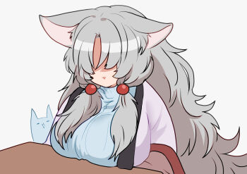 1girl :3 alternate_costume alternate_hair_length alternate_hairstyle animal_ears blue_sweater breast_rest breasts breasts_on_table commentary_request covered_eyes ears_down faceless faceless_female fox_ears fox_girl grey_hair hair_over_eyes hair_over_shoulder hanten_(clothes) kotatsu large_breasts long_bangs long_hair nekono_(nekonokokonekoz) nhk_(voiceroid) open_mouth simple_background solo sweater table touhoku_itako turtleneck turtleneck_sweater upper_body very_long_hair voiceroid white_background