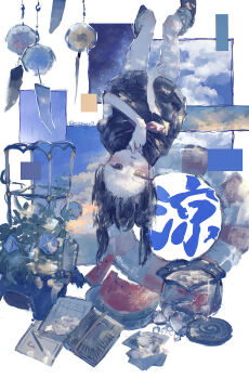1girl absurdres black_eyes black_hair black_serafuku black_shirt black_skirt blue_sky blush book cloud collage_background commentary_request dappled_sunlight fish fishbowl flower flower_pot food forehead fruit hand_to_own_mouth hand_up heterochromia highres hydrangea legs_up lifebuoy long_hair looking_at_viewer marble_(toy) miniskirt mitikage7 mosquito_coil night night_sky notebook original parted_lips pencil plant potted_plant school_uniform serafuku shirt skirt sky solo summer sunlight swim_ring trellis twintails twitter_username upside-down watermelon watermelon_slice white_background wind_chime yellow_eyes