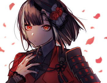 1boy armor ascot black_ascot black_hair black_hat bob_cut expressionless falling_petals floating_hair flower grey_shirt hand_up hat highres jacket kyogoku_masamune lace-trimmed_sleeves lace_trim long_sleeves male_focus nail_polish parted_lips petals red_eyes red_flower red_jacket red_nails rose shimazu. shirt short_hair shoulder_armor solo tilted_headwear touken_ranbu