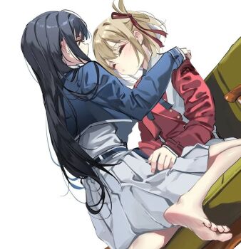 2girls barefoot black_hair blonde_hair closed_eyes feet hair_ribbon inoue_takina long_hair lycoris_recoil lycoris_uniform multiple_girls nishikigi_chisato one_side_up red_ribbon ribbon school_uniform short_hair sitting sitting_on_lap sitting_on_person soles sydus toes yuri