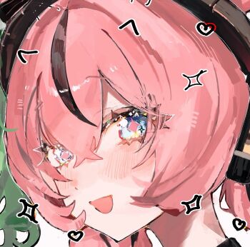 Rule 34 | 2girls, aria (discordant note) (zenless zone zero), aria (zenless zone zero), black hair, blue eyes, blush, crossed bangs, drawn ears, green hair, hair between eyes, looking at viewer, multicolored hair, multiple girls, official alternate costume, out of frame, pink hair, pof h0, simple background, solo focus, sparkle, star-shaped pupils, star (symbol), sunna (zenless zone zero), symbol-shaped pupils, white background, zenless zone zero