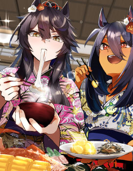2girls absurdres animal_ears bandaid bandaid_on_face bandaid_on_nose black_hair blush bowl chopsticks commentary_request dark-skinned_female dark_skin ear_flower eating food food_request hair_between_eyes hair_ornament highres hishi_amazon_(umamusume) holding holding_bowl holding_chopsticks horse_ears horse_girl japanese_clothes kimono long_hair long_sleeves mochi mochi_trail multiple_girls naegi_happy narita_brian_(umamusume) new_year open_mouth pink_kimono ponytail print_kimono red_eyes smile teeth umamusume upper_teeth_only very_long_hair white_kimono yellow_eyes