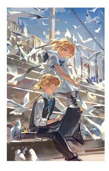 1boy 1girl absurdres bird black_pants black_shoes black_vest blonde_hair blue_eyes blue_neckerchief blue_ribbon border clipboard collared_shirt european_architecture hair_ornament hairband hairclip handrail highres hugging_own_legs kagamine_len kagamine_rin knee_up long_skirt looking_at_viewer mary_janes mento neck_ribbon neckerchief pants pencil ponytail ribbon sailor_collar shirt shoes short_hair short_ponytail sidelocks sitting skirt sleeves_rolled_up smile socks stairs too_many too_many_birds utility_pole vest vocaloid white_border white_hairband white_sailor_collar white_shirt white_skirt white_socks
