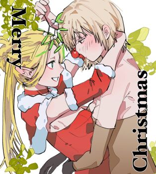 2girls animal_costume arm_around_neck blonde_hair blush capelet choker commentary_request cosplay dohwa110 dress dungeon_meshi elf falin_touden falin_touden_(tallman) green_eyes grin hand_on_another's_waist highres korean_commentary long_hair marcille_donato merry_christmas mistletoe multiple_girls pointy_ears red_capelet red_choker red_dress reindeer_costume rudolph_the_red_nosed_reindeer rudolph_the_red_nosed_reindeer_(cosplay) santa_costume santa_dress short_hair simple_background smile white_background yuri