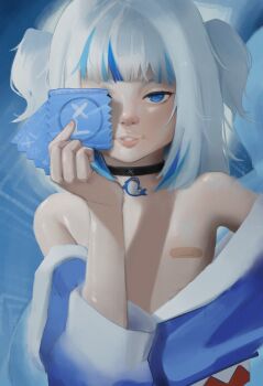 1girl bandaid bandaids_on_nipples blue_eyes breasts choker condom gawr_gura highres holding holding_condom hololive hololive_english hood hoodie kevabwtf loli looking_at_viewer pasties shark small_breasts solo virtual_youtuber white_hair