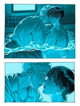 Rule 34 | 2boys, black hair, blue theme, collarbone, collared shirt, highres, hikaru ga shinda natsu, imminent kiss, indou hikaru, male focus, mole, mole on cheek, mole under mouth, multiple boys, multiple moles, partially submerged, shirt, short hair, tsujinaka yoshiki, verbartt, wet, wet clothes, white hair, white shirt, yaoi