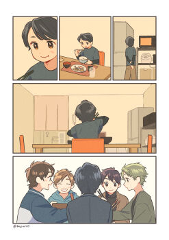 5boys absurdres aged_down black_hair black_jacket blue_hoodie blue_shirt bowl brown_hair chair chopsticks comic cup drinking_glass eating flashback from_behind highres holding holding_bowl holding_chopsticks hood hood_down hoodie jacket kojiro337 long_sleeves microwave multiple_boys multiple_views original parted_bangs placemat purple_hair refrigerator sepia shirt signature silent_comic swept_bangs table wooden_table