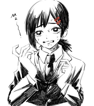 Rule 34 | 1girl, blazer, chainsaw man, clenched teeth, collared shirt, furrowed brow, hair ornament, hairclip, hands up, higashiyama kobeni, highres, ice morinaka, jacket, long sleeves, mole, mole under eye, mole under mouth, monochrome, necktie, nervous sweating, shirt, short hair, simple background, solo, sweat, tears, teeth, upper body, white background