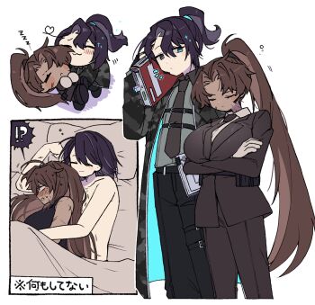 1boy 1girl ahoge aqua_eyes bare_arms black_coat black_eyes black_hair black_jacket black_necktie blush breasts camouflage camouflage_coat coat commentary_request crossed_arms full-stop_office_(identity)_(project_moon) genderswap genderswap_(mtf) gloves heart heart_ahoge heathcliff_(project_moon) hetero highres hong_lu_(project_moon) huge_breasts jacket lapels limbus_company nantekottawo!! necktie notched_lapels notice_lines open_mouth pouch project_moon sleepy smile sweat two-sided_coat two-sided_fabric white_gloves