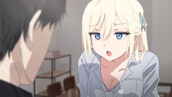 1boy 1girl aya_hiyama_(misaki_nonaka) black_hair blonde_hair blue_eyes bow bowtie breasts butterfly_hair_ornament chair cleavage collarbone grey_shirt hair_between_eyes hair_ornament highres long_hair misaki_nonaka open_mouth original shirt table teacher_and_student upper_body white_bow white_bowtie