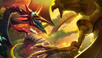 battle commentary dragon duel_monster english_commentary extra_mouth forehead_jewel highres no_humans osiris_the_sky_dragon red_eyes sharp_teeth sonic1nstinct teeth the_winged_dragon_of_ra yellow_eyes yu-gi-oh!