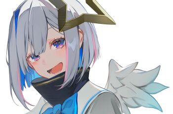 1girl :d amane_kanata amane_kanata_(1st_costume) angel_wings blue_hair bob_cut colored_inner_hair commentary feathered_wings gradient_wings grey_hair grey_jacket halo highres hololive jacket lam_(ramdayo) looking_at_viewer mini_wings multicolored_hair multicolored_wings open_mouth pink_streaks purple_eyes sailor_collar short_hair simple_background single_hair_intake smile solo star_halo streaked_hair symbol-only_commentary tilted_halo turtleneck virtual_graduation_commemoration virtual_youtuber white_background white_sailor_collar white_wings wings