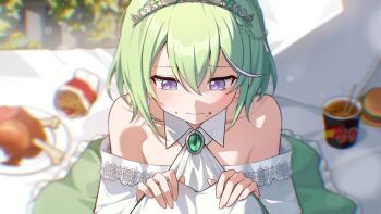 1girl ascot bare_shoulders blurry blurry_background braid brooch burger chicken_(food) chopsticks closed_mouth collar collarbone commentary_request corsetman dress food food_on_face gem gradient_eyes green_dress green_gem green_hair highres instant_cup_noodles instant_noodles jewelry korean_commentary multicolored_eyes multicolored_hair off-shoulder_dress off_shoulder plant plate purple_eyes short_hair solo stellive streaked_hair tiara two-tone_hair virtual_youtuber white_ascot white_collar white_hair wing_collar yuzuha_riko