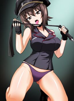 1girl adapted_costume black_gloves black_hat black_jacket black_panties brown_eyes brown_hair commentary cross dominatrix fingerless_gloves girls_und_panzer gloves gradient_background grey_background hat head_tilt highres holding holding_whip iron_cross jacket kamishima_kanon kneeling kuromorimine_military_uniform looking_at_viewer military_hat nishizumi_maho open_mouth panties peaked_cap short_hair sleeveless sleeveless_jacket solo tongue tongue_out underwear