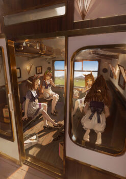 4girls ak8531848 animal_ears blue_eyes blue_sky blunt_bangs blush bow bowtie breasts brown_hair closed_eyes cup disposable_coffee_cup disposable_cup ear_bow ear_covers ear_ornament ear_ribbon el_condor_pasa_(umamusume) field grass grass_wonder_(umamusume) green_eyes hair_ornament hairband highres horse_ears horse_girl horse_tail long_hair mountainous_horizon multicolored_hair multiple_girls open_mouth orange_hair ponytail puffy_short_sleeves puffy_sleeves purple_bow purple_bowtie purple_sailor_collar purple_serafuku purple_shirt purple_skirt sailor_collar sailor_shirt school_uniform seiza serafuku shirt shoes short_hair short_sleeves silence_suzuka_(umamusume) sitting skirt sky smile special_week_(umamusume) suitcase tail teeth thighhighs tracen_school_uniform train train_interior two-tone_hair umamusume white_hair white_hairband white_sailor_collar white_skirt white_thighhighs window