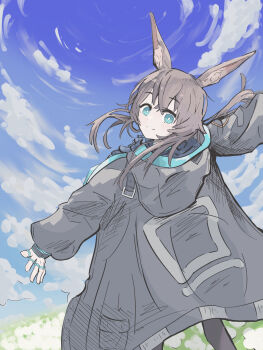 Rule 34 | 1girl, absurdres, amiya (arknights), animal ear fluff, animal ears, arknights, black jacket, blue eyes, blue sky, bright pupils, brown hair, cloud, commentary, day, dutch angle, field, flower, flower field, from behind, grass, head tilt, highres, hood, hooded jacket, jacket, jewelry, kuramidomoyasi, long hair, long sleeves, looking at viewer, multiple rings, no nose, outdoors, rabbit ears, rabbit girl, ring, ring on every finger, sky, smile, solo, split mouth, thumb ring, white pupils