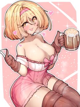 1girl alcohol beer blonde_hair boots border breasts breath brown_boots brown_gloves collarbone djeeta_(granblue_fantasy) drunk feet_out_of_frame female_focus fighter_(granblue_fantasy) from_above from_side gloves granblue_fantasy hands_up high-waist_shorts index_finger_raised large_breasts looking_at_viewer looking_to_the_side medium_hair naughty_face off-shoulder_shirt off_shoulder open_mouth pink_background pink_shorts shirt shorts sideways_glance simple_background sitting smile solo thick_thighs thigh_boots thighs triggerdex wet white_border white_shirt wide_hips yellow_eyes