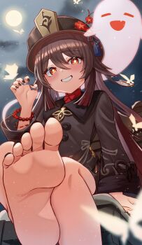 1girl :d absurdres barefoot bead_bracelet beads black_hat black_nails blush bracelet brown_coat brown_hair bug butterfly chinese_clothes claw_pose close-up cloud coat eyelashes fang feet fingernails flower flower-shaped_pupils foot_focus foreshortening from_below full_moon genshin_impact ghost glowing_butterfly gradient_hair grin hair_between_eyes hand_up hat hat_ornament highres hu_tao_(genshin_impact) insect jewelry kano_(wi3028) light_particles long_hair long_sleeves moon multicolored_hair nail_polish night night_sky open_mouth outdoors plum_blossoms porkpie_hat presenting_foot red_eyes red_flower red_hair red_shirt shirt sidelocks sitting sky smile soles solo symbol-shaped_pupils tailcoat tassel teeth toenail_polish toenails toes twintails very_long_hair wide_sleeves
