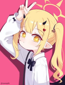 1girl black_horns blonde_hair blue_archive halo highres horns ibuki_(blue_archive) looking_at_viewer pointy_ears shirt side_ponytail solo sseopik v white_shirt wings yellow_eyes yellow_halo