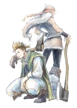 1boy 1girl alfyn_greengrass arm_guards arm_on_knee axe black_gloves black_leggings blonde_hair boots braid brown_boots brown_tunic commentary_request crosshatching facial_hair facing_away floating_clothes floating_hair fur_leg_warmers fur_shawl fur_trim gloves green_jacket h'aanit_(octopath_traveler) hand_on_own_hip hatching_(texture) highres holding holding_axe holding_weapon jacket leg_warmers leggings looking_ahead looking_at_viewer looking_to_the_side octopath_traveler octopath_traveler_i orange_hair pants planted planted_axe ponytail qqqqqli shawl shirt short_hair short_ponytail single_braid single_glove sleeveless sleeveless_jacket smirk spiked_hair squatting trait_connection tunic weapon white_background white_pants white_shirt