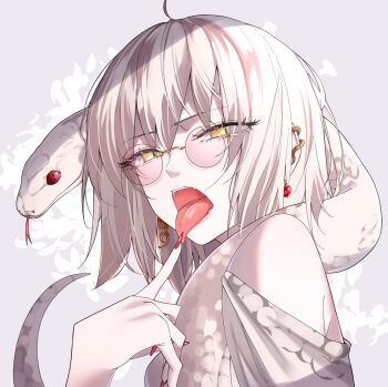 1girl earrings fate/grand_order fate_(series) glasses highres jeanne_d'arc_alter_(fate) jewelry long_tongue reptile_girl ri_o_ne_su scales short_hair snake snake_girl tagme tongue tongue_out