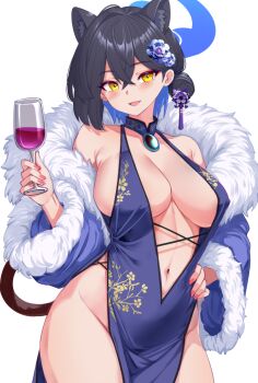 1girl absurdres animal_ears ankomochi142 black_hair blue_archive blue_dress blue_hair blue_halo blush breasts cleavage collarbone colored_inner_hair commentary_request covered_erect_nipples crossed_bangs cup dress drinking_glass extra_ears eyeliner flower fur_trim hair_between_eyes hair_bun hair_flower hair_ornament halo hand_on_own_hip highres holding holding_cup kaguya_(blue_archive) large_breasts looking_at_viewer makeup multicolored_hair navel panther_ears panther_girl panther_tail red_eyeliner simple_background single_hair_bun solo tail tassel tassel_hair_ornament white_background wine_glass yellow_eyes