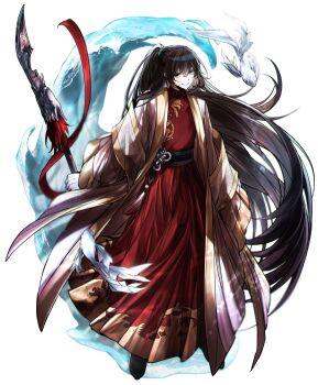 1boy aqua_eyes black_eyes brown_hair carp chinese_clothes chinese_knot coat e.g.o_(project_moon) guan_dao half_updo hanfu heterochromia highres holding holding_weapon hong_lu_(project_moon) land_of_illusion_(e.g.o) limbus_company long_hair long_sleeves looking_at_viewer luull parted_lips polearm project_moon red_coat red_ribbon ribbon sash simple_background smile solo very_long_hair water weapon white_background