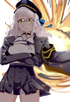 Rule 34 | 1girl, black choker, black coat, black gloves, black hat, black skirt, cain lk, choker, coat, coat on shoulders, commentary, earrings, explosion, fingerless gloves, glasses, gloves, goddess of victory: nikke, green eyes, grin, hat, highres, jewelry, long hair, looking at viewer, neon (nikke), neon (vision eye) (nikke), peaked cap, pleated skirt, red-framed eyewear, shirt, sidelocks, skirt, smile, solo, standing, thighs, untranslatable commentary, white hair, white shirt