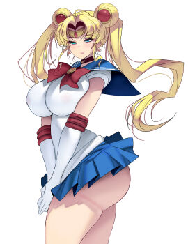 1girl absurdres bishoujo_senshi_sailor_moon blonde_hair blue_eyes bow breasts double_bun elbow_gloves gloves hair_bun highres kouno_(masao) large_breasts long_hair looking_at_viewer sailor_moon sailor_senshi_uniform skirt smile solo tongue tongue_out tsukino_usagi white_gloves