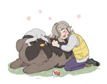 1boy 50yen_(gojiue) :d affectionate arven_(pokemon) blush_stickers boots closed_eyes commentary_request flower_symbol happy leaning long_hair mabosstiff male_focus nintendo open_mouth pants poke_ball poke_ball_(basic) pokemon pokemon_(creature) pokemon_sv school_uniform shirt sitting smile three-quarter_sleeves vest white_background yellow_vest