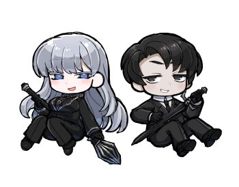 Rule 34 | 1boy, 1girl, angelica (project moon), black eyes, black footwear, black gloves, black hair, black jacket, black necktie, black pants, blue eyes, chibi, collared shirt, gloves, highres, husband and wife, jacket, library of ruina, long hair, looking at viewer, necktie, open mouth, pants, parted bangs, project moon, roland (project moon), shirt, shoes, simple background, smile, very long hair, white background, white hair, white shirt, yagidon