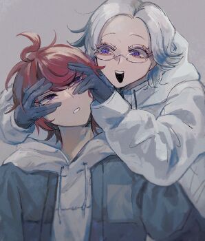 ahoge aotsuki_eito black_gloves eyebrows eyelashes glasses gloves grey_background hands_on_another's_face highres hood hoodie messy_hair open_mouth parted_hair purple_eyes red_hair simple_background sumino_takumi teeth the_hundred_line_-last_defense_academy- white_hair