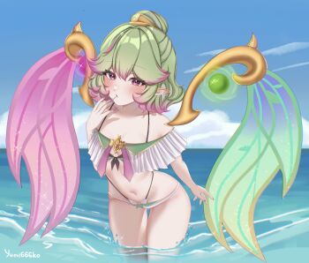 alternate_costume bikini blue_sky blush closed_mouth cloud earclip frilled_bikini frills full_body green_hair green_wings hair_bun hair_ornament lunox_(mobile_legends) mobile_legends:_bang_bang multicolored_hair navel ocean outdoors pink_eyes pink_hair pink_nails pink_wings pointy_ears ribbon signature sky sparkle string_bikini swimsuit two-tone_hair two-tone_wings white_bikini white_ribbon wings yumiko_(yumi666ko)