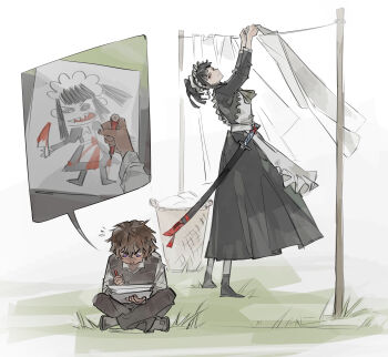 Rule 34 | 1boy, 1girl, absurdres, apron, arms up, black dress, black pants, black shoes, brown hair, brown sweater vest, crossed legs, dark-skinned female, dark skin, dress, heathcliff (project moon), highres, holding, holding pencil, laundry, laundry basket, limbus company, pants, pencil, project moon, ryoshu (project moon), senia soft, shoes, simple background, sweater vest, white apron, white background, wuthering heights (identity) (project moon)