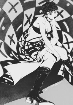 1girl 2018 absurdres black_boots black_choker black_lips black_nails boots breasts buffoon choker crosshatching dated greyscale hatching_(texture) highres jojo_no_kimyou_na_bouken knee_boots long_skirt midriff monochrome navel short_hair skirt solo trish_una vento_aureo