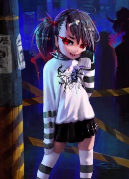 1girl 4others black_hair black_skirt black_sweater black_thighhighs caution_tape collar cross_hair_ornament dagger dagger_(fiz-rot) fangs fiz-rot glowing glowing_eyes hair_ornament hand_up hat highres horns knife long_sleeves metal_collar miniskirt missing_poster multiple_others original outdoors pleated_skirt red_eyes skindentation skirt sleeves_past_fingers sleeves_past_wrists smile spiked_collar spikes sweater teeth thighhighs twintails two-tone_sweater weapon white_sweater white_thighhighs