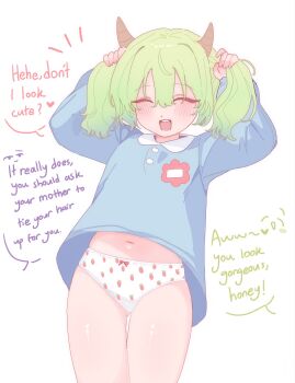1girl aria_(canuhearme) blush closed_eyes english_text female_focus green_hair happy highres horns kindergarten_uniform kobayashi-san_chi_no_maidragon loli navel panties print_panties shoruko_(maidragon) simple_background smile solo standing stomach thighs twintails underwear white_background white_panties