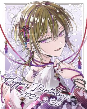 1boy blue_nails border butterfly_tattoo chain chain_bracelet commentary_request cororoan dated dear_vocalist double-parted_bangs ear_piercing from_behind green_hair hair_between_eyes hair_ornament hand_up hands_up happy_birthday highres jacket jacket_partially_removed jewelry jitome looking_at_viewer lower_teeth_only male_focus medium_hair momochi_(dear_vocalist) mullet multicolored_hair multiple_piercings nail_polish neck_tattoo parted_lips piercing purple_eyes purple_hair purple_jacket purple_rope red_rope ring rope rope_around_neck shirt sidelocks solo straight_hair streaked_hair tassel tattoo teeth twitter_username upper_body watermark white_shirt